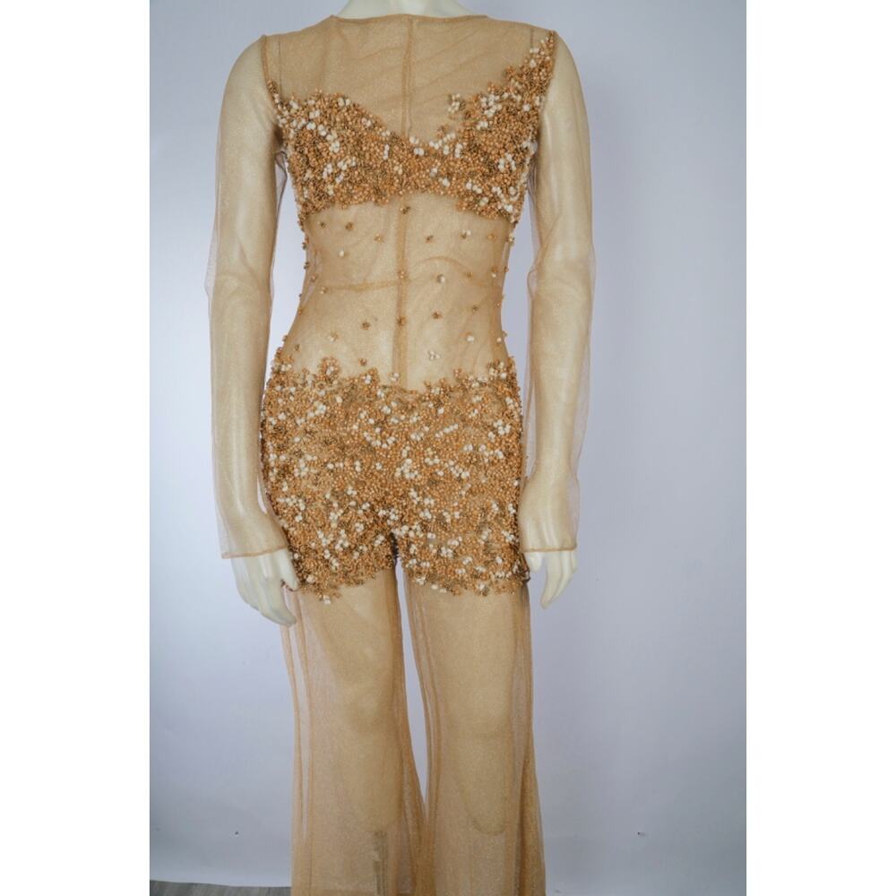 VTG One of a Kind Couture Jumpsuit Sheer Metallic Gold Beaded Wide Leg Designer - Picture 11 of 16
